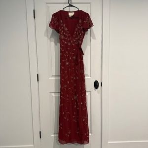 BHLDN burgundy flutter sleeve gown with floral beading